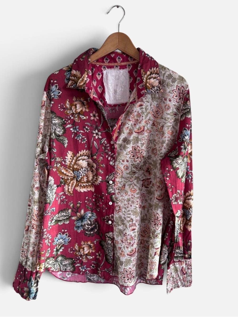 Cino Mixed Floral Patchwork Cotton Tunic Button Down Shirt Blouse XXL Boho Folk - Picture 1 of 13